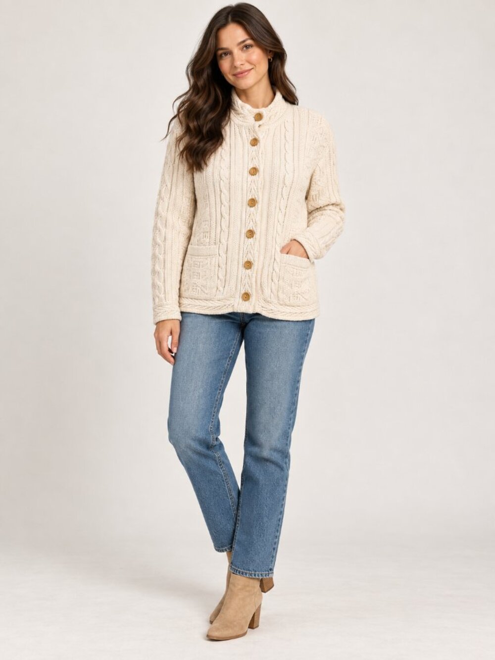 L.L.Bean Cable Knit Cardigan Sweater Cream Cotton Medium